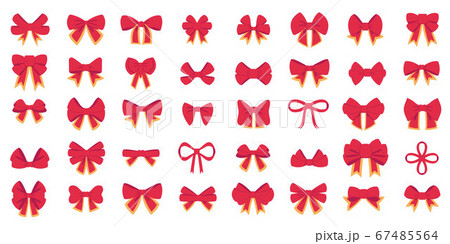Red bow set. Cartoon vector red bows with yellow line ribbons satin bows for xmas gifts, present cards and luxury wrap pack isolated on white backgrounds 67485564