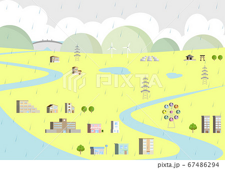 大雨 上流のダムから下流の街 風景のイラスト素材
