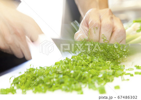 ネギを切る手元 67486302