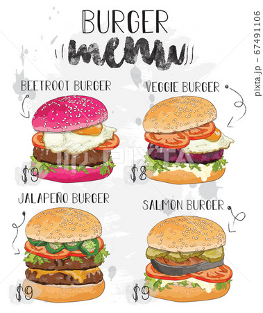 Hand drawn colorful burger restaurant menu. Beetroot, veggie, jalapeno and salmon steak. Hand drawn colorful burger restaurant menu. Beetroot, veggie, jalapeno and salmon steak. 67491106