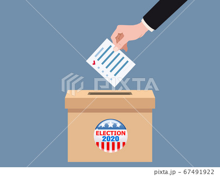 The US presidential election 2020. Hand putting voting blanc paper in vote box, ballot campaign. Vector isolated illustration 67491922