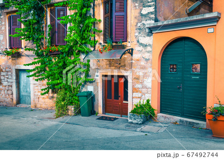 Mediterranean old town street with stone houses, Rovinj, Istria, Croatia 67492744