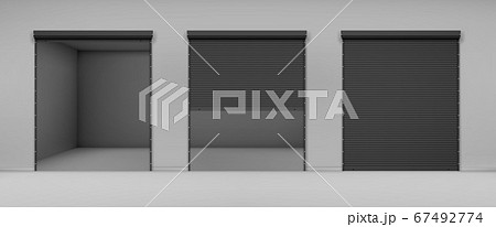Gate with black rolling shutter in gray wall 67492774