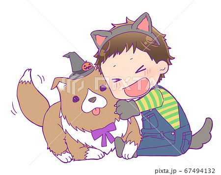 犬と遊ぶハロウィン仮装の男の子 狼男のイラスト素材