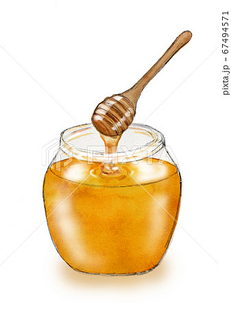 ガラス瓶に入った トロリと垂れる蜂蜜 水彩イラストのイラスト素材