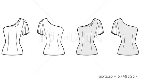 One-shoulder top technical fashion illustration with fitted body, close fit, sleeveless, side zip fastening One-shoulder top technical fashion illustration with fitted body, close fit, sleeveless, side zip fastening 67495557
