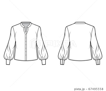 Blouse technical fashion illustration with curved mandarin collar, long bishop sleeves with cuff, oversized body. Blouse technical fashion illustration with curved mandarin collar, long bishop sleeves with cuff, oversized body. 67495558