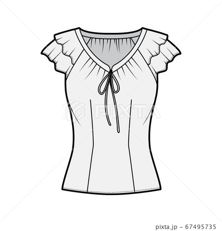 Blouse technical fashion illustration with ties at the V neckline, fluttery ruffles short sleeves, fitted body. 67495735