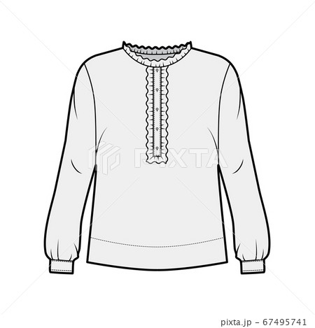 Shirt technical fashion illustration with oversized body, concealed button fastenings along front, delicate ruffles 67495741