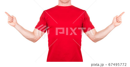 Man in red t-shirt pointing arm and fingers on the side isolated white Man in red t-shirt pointing arm and fingers on the side isolated white 67495772