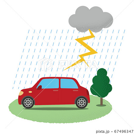 雷雨の被害に遭う赤い自動車のベクターイラスト 67496347