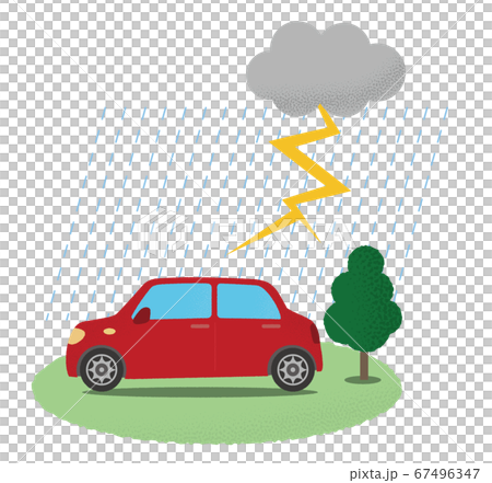 雷雨の被害に遭う赤い自動車のベクターイラスト 67496347