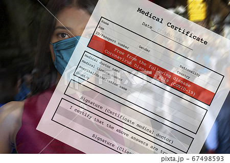 Woman face with blank personal medical certificate Woman face with blank personal medical certificate 67498593