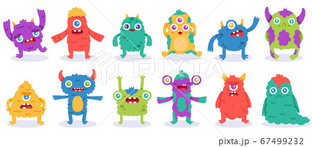 Cartoon monster characters. Halloween funny monsters, cute fluffy alien mascots, silly gremlin monsters, spooky creatures vector illustration set 67499232