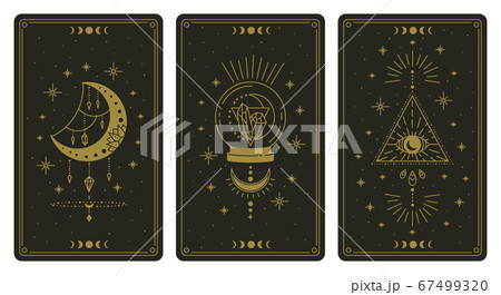 Magical tarot cards. Magic occult tarot cards, esoteric boho spiritual tarot reader moon, crystal and magic eye symbols vector illustration set Magical tarot cards. Magic occult tarot cards, esoteric boho spiritual tarot reader moon, crystal and magic eye symbols vector illustration set 67499320