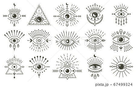 Evil doodle eye. Hand drawn magic witchcraft eye talisman, magical esoteric eyes, religion sacred geometry symbols vector illustration icons set 67499324