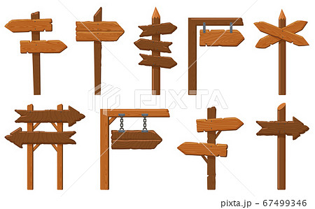 Wood direction signs. Wooden arrow signboard, vintage empty way direction signpost, old boards frame isolated vector illustration set 67499346