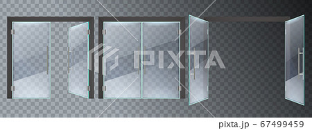 Realistic glass door. Entrance modern glass doors, office or shop mall steel frame close and open doors vector illustration set Realistic glass door. Entrance modern glass doors, office or shop mall steel frame close and open doors vector illustration set 67499459