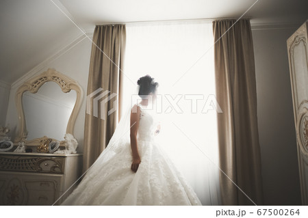 Gorgeous bride in robe posing and preparing for the wedding ceremony face in a room 67500264