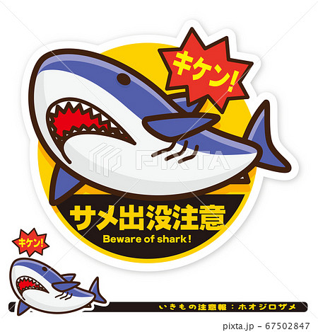 いきもの注意報 サメ ホオジロザメ 出没注意サインのイラスト素材
