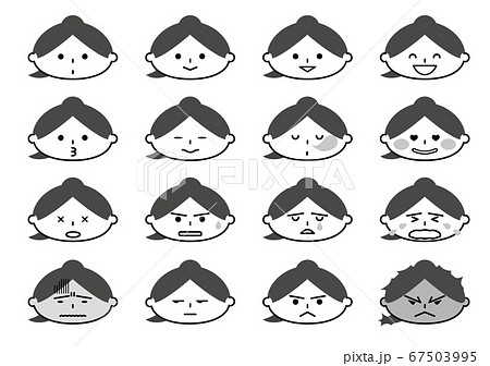 女性の顔イラスト 表情いろいろセット モノクロのイラスト素材