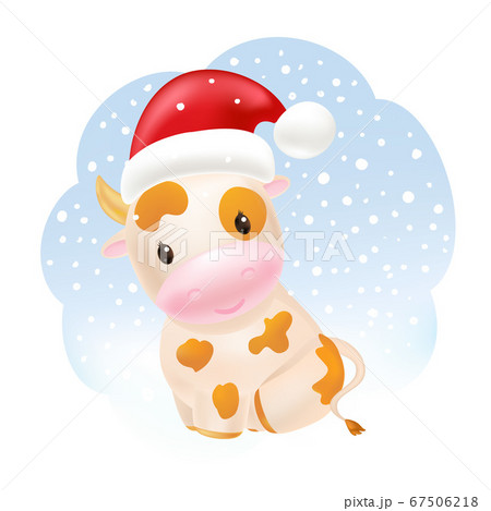 Cute cow in Santa hat, awesome little bull sitting. 2021 Chinese symbol. Soft pastel colours. Cartoon sweet style.  67506218