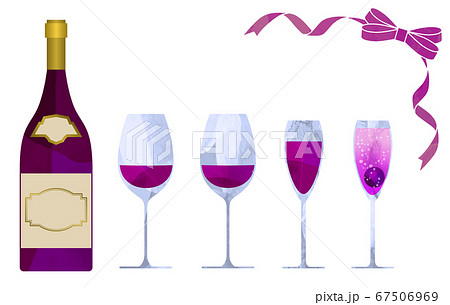赤ワインとワインボトルとリボンのイラストセット 切り抜き風のイラスト素材