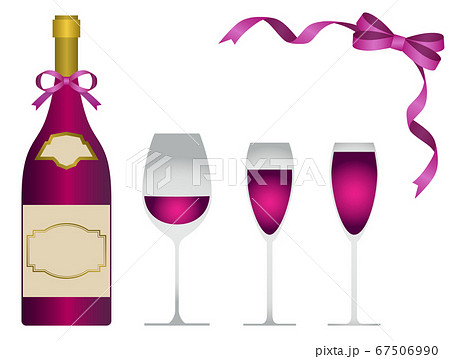 赤ワインとワインボトルとリボンのイラストセットのイラスト素材