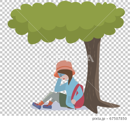山で体調を崩し木陰で休憩をする若い女性のイラスト素材