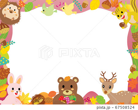 秋のフレーム 葉っぱや食べ物とかわいい森の動物たち えんじ色のイラスト素材