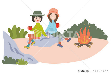キャンプで焚き火をしてコーヒーを飲む若い2人の女性のイラスト素材