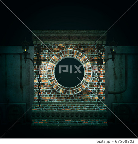 Night 3d brick wall with round window 67508802