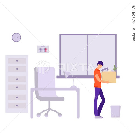 Dismissal of an office worker Illustration. Sad character with his work things leaves office. Dismissal of an office worker Illustration. Sad character with his work things leaves office. 67509926