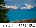 Distant view of Mount Cook across Lake Pukaki with tree on the left, South Island, New Zealand 67511638