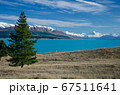 Distant view of Mount Cook across Lake Pukaki with tree on the left, South Island, New Zealand 67511641