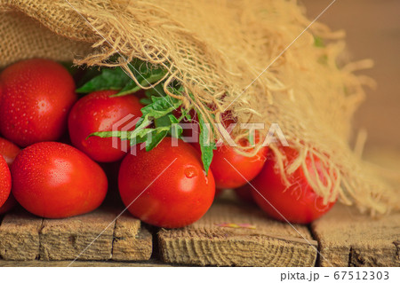 Fresh organic juicy tomatoes in burlap bag. 67512303