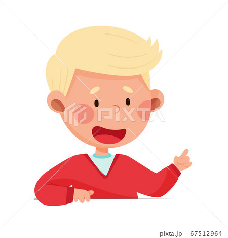 Cute Boy with Open Mouth Sitting at Table or School Desk and Speaking Vector Illustration 67512964