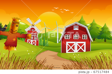 Farm scene in nature with barn and windmill 67517484