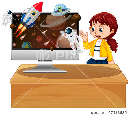 Girl next to computer with space desktop 67518686
