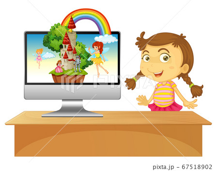 Happy girl next to computer with castle desktop Happy girl next to computer with castle desktop 67518902