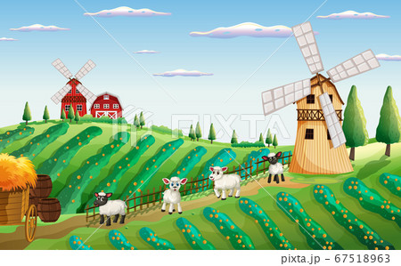 Farm scene in nature with windmill and sheeps Farm scene in nature with windmill and sheeps 67518963