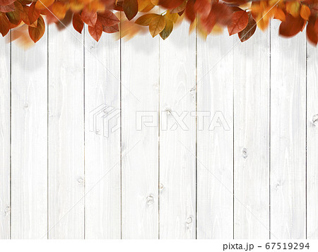 白い木目のテクスチャと紅葉した葉っぱのイラスト素材
