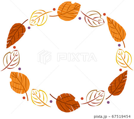 手書き風の落ち葉や枯れ葉の秋フレーム リース 横のイラスト素材