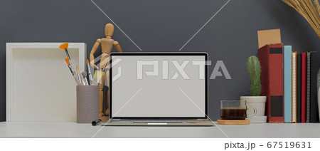 Designer home office with mock up laptop, books, Designer home office with mock up laptop, books, 67519631
