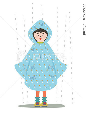 雨に打たれてビショビショになるポンチョを来た女性のイラスト素材