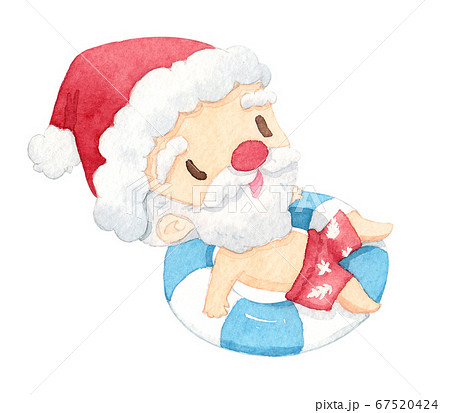 Santa Claus and cat on the air inflatable ring. Cute cartoon character design on white background. Christmas in July. 67520424