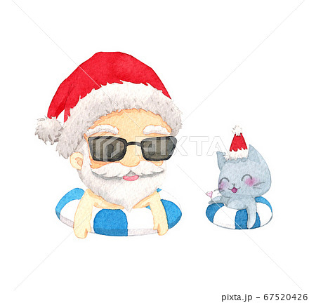Santa Claus and cat on the air inflatable ring. Cute cartoon character design on white background. Christmas in July. 67520426