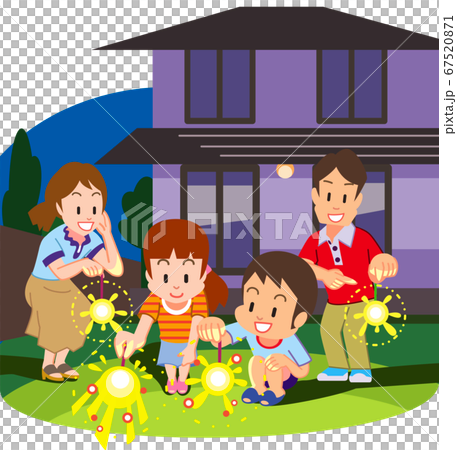 Family Holding Handheld Fireworks In The Garden Stock Illustration