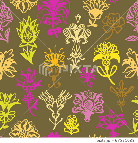 Fantasy floral. Decorative botanical vector seamless pattern made of abstract oriental flowers. Flat design, outline contour drawing. 67521038