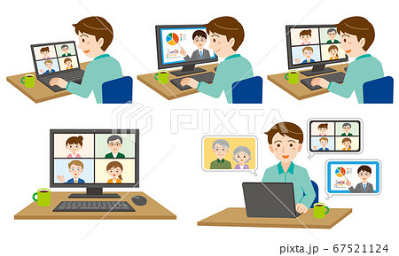 自宅のパソコンでオンライン作業をする男性のイラストセット/白背景 67521124